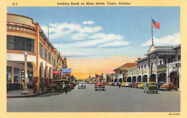 Looking South On Main St Vtg Cars Street Scene Yuma ,AZ Vtg 1940's  Postcard