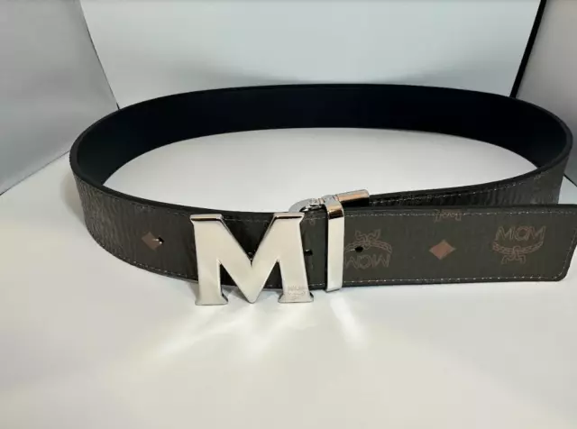 Reversible Adjustable Sea Turtle to Black MCM Leather Belt Silver M Buckle