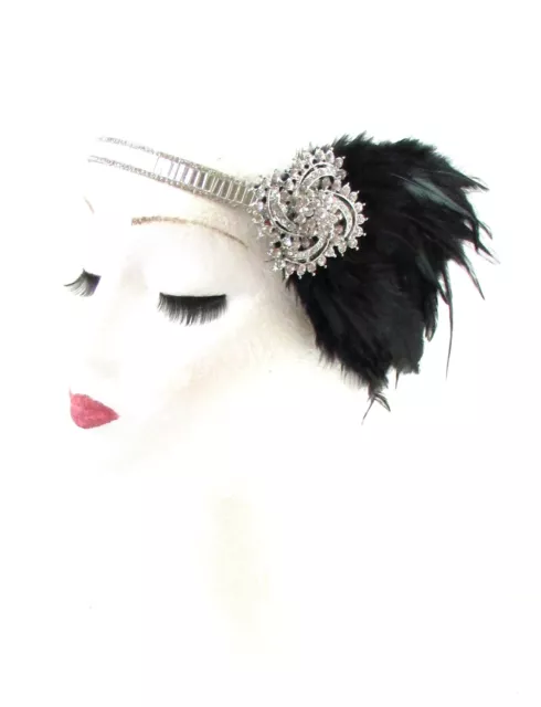 Black Silver Feather Headpiece 1920s Headband Flapper Great Gatsby Vintage 608