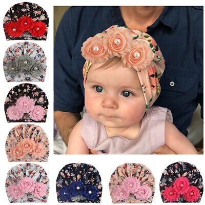 Infant Baby Beanie Turban Hat Girls Pearl Flower Cap Newborn Head Wrap Headband
