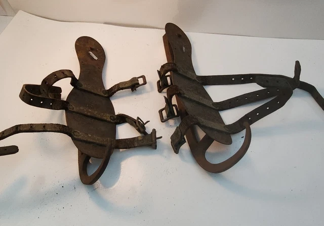 Antique Primitive 19th Century Wrought Iron Hand Forged Leather Strap Ice Skates 2