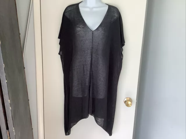 Eileen Fisher Fine Organic Linen Crepe Knit Graphite V Neck Poncho Top. NWT.