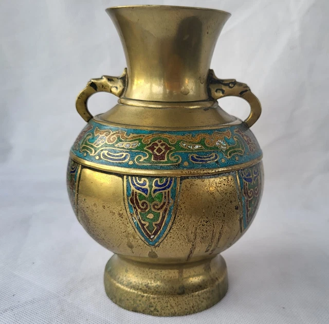 VINTAGE JAPANESE BRASS Champleve Urn Vase Figural Handles, Cloisonne
