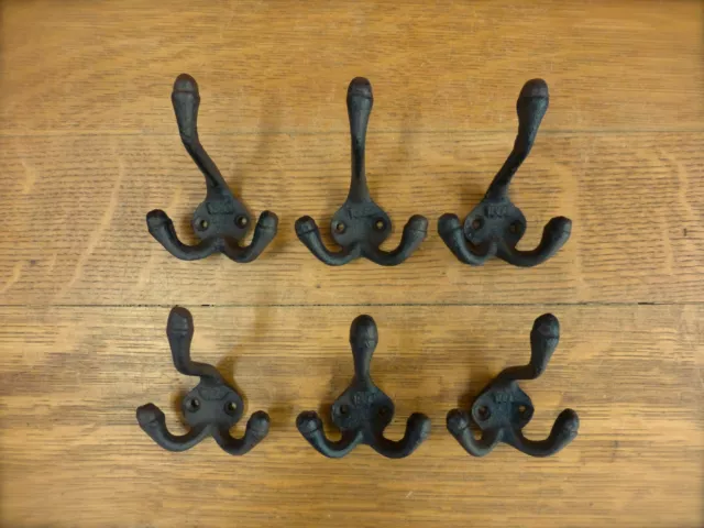 6 BROWN ANTIQUE-STYLE 1888 TRIPLE COAT HOOK CAST IRON rustic wall hardware
