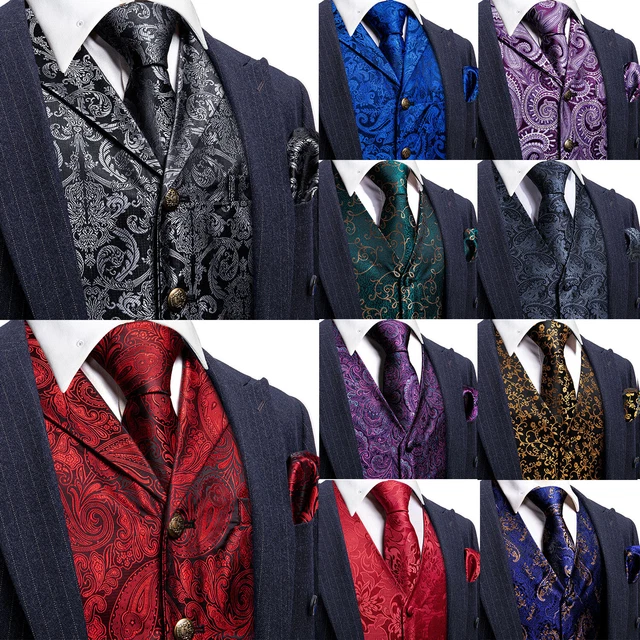 Mens Paisley Waistcoat Casual Wedding Vest Silk Tie Set Casual Formal Tops Suit