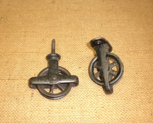 2 Antique Cast Iron Mini Pulleys Brackets Screw & Upright Base Vtg Hardware