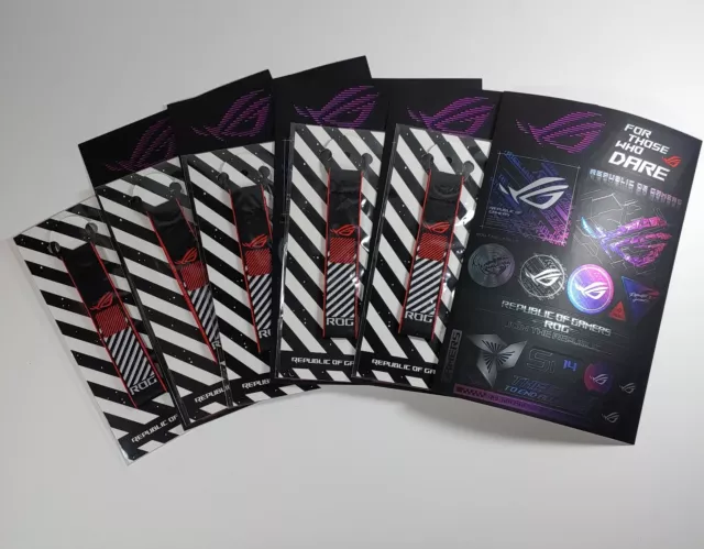 Asus Rog Republic of Gamers Keychain and New ROG sticker sheets, set of 5 each.