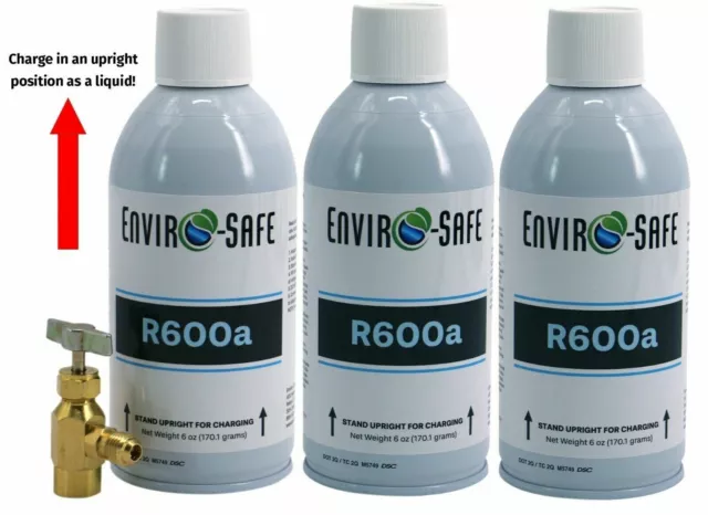 R600a, "HC" Refrigerant (UPRIGHT FOR LIQUID CAN!) 3 cans & Top Tap Kit