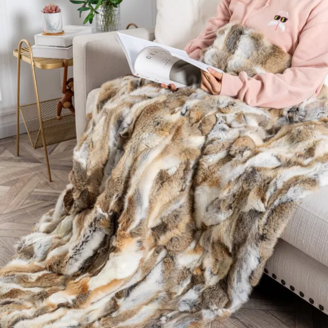 Luxury Real Fur Throw Natural Rabbit Fur Blanket Quilt Pelt Soft Leather 4ftx6ft