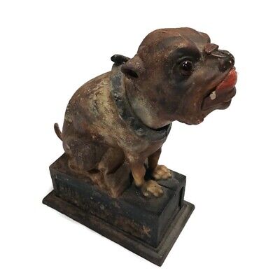 Vtg Cast Iron Book of Knowledge Bull Dog Glass Eyes Mechanical Bank Made in USA