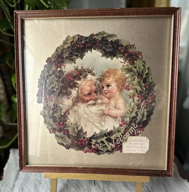 Vintage Die Cut Art Framed Christmas Wreath w Santa Baby 13 1/2 Inches Square 87