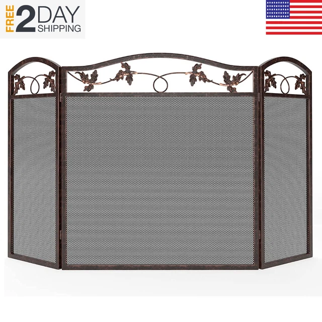 3 Panel Foldable Fireplace Screen Spark Guard Outdoor Iron Metal Mesh Cover US