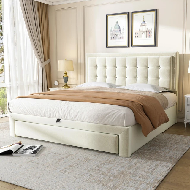 CREAM VELVET UPHOLSTERED Double Bed 4ft6 with Storage Slats Headboard