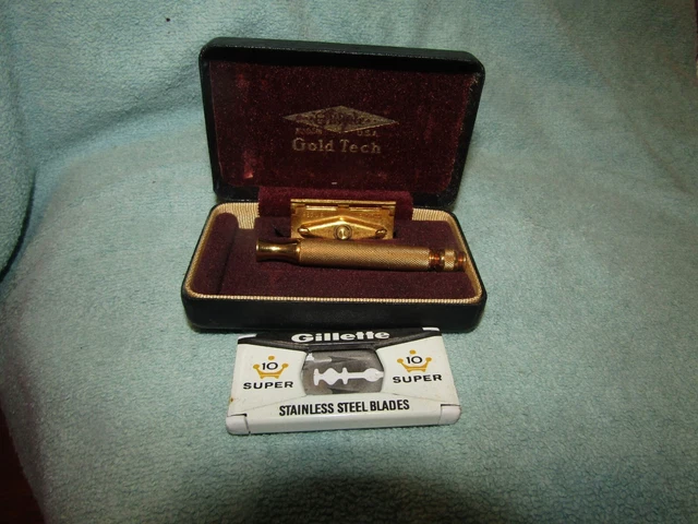 Vintage Gillette Gold Tech double edge travel safety razor w/blades & case. Vintage Gillette Gold Tech double edge travel safety razor w/blades & case.
