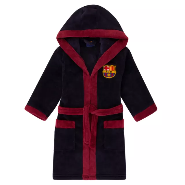 FC Barcelona Boys Dressing Gown Robe Hooded Fleece Kids OFFICIAL Football Gift