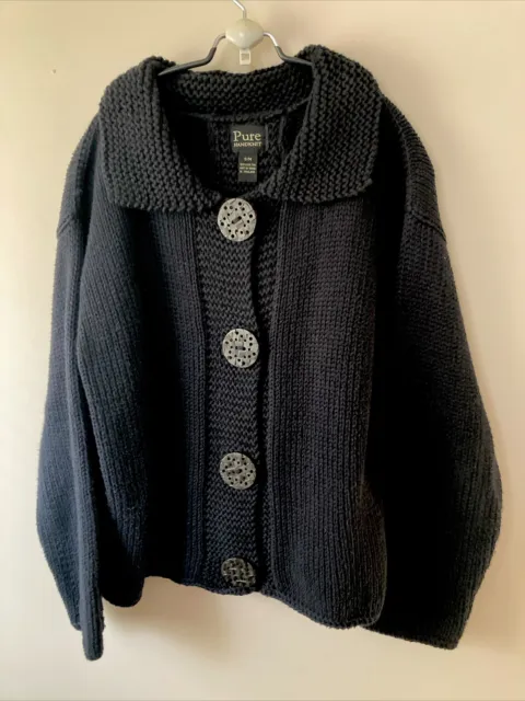 Pure HandKnit Black  Big Button Cardigan Sweater Womens SM/MED  Cotton