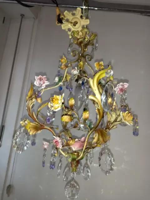 Grazioso lampadario vintage ferro battuto fiori ceramica crystal Old Chandelier 2