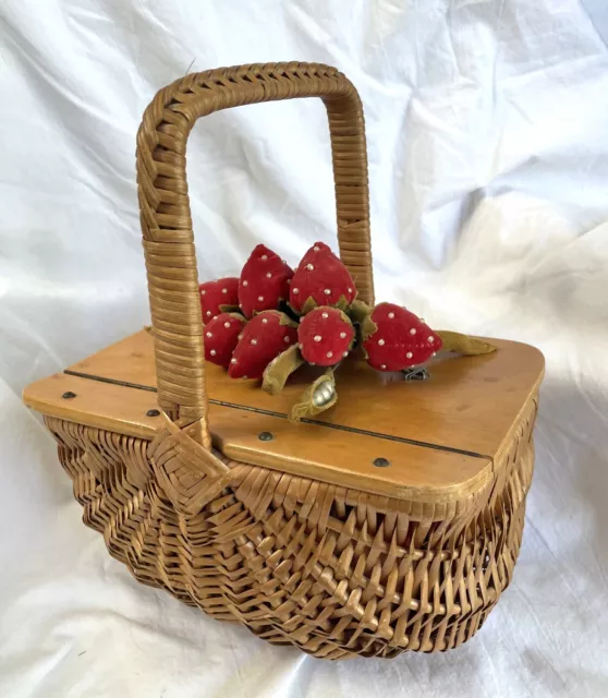 Vintage French Woven Sewing Basket Purse Brevete S.G.D.V. Leather Fabric  Wood