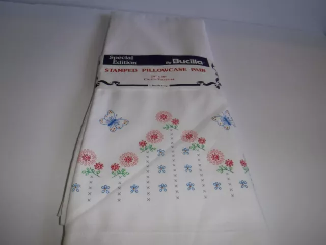 Vtg Bucilla Special Edition BUTTERFLY FLORAL Pillowcase Pair Stamped Embroidery