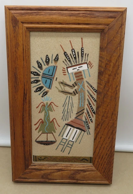 Healing Kachina Gods Sand Painting Signed 10" x 6" frame size