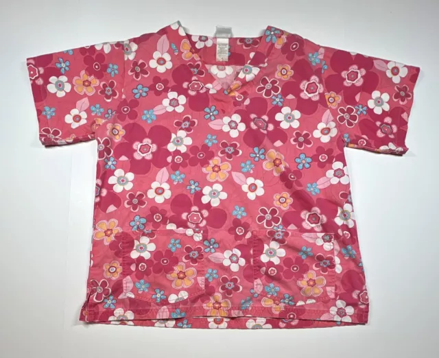 UA Scrubs Scrub Top Pink with White and Turquoise Flowers Size Medium