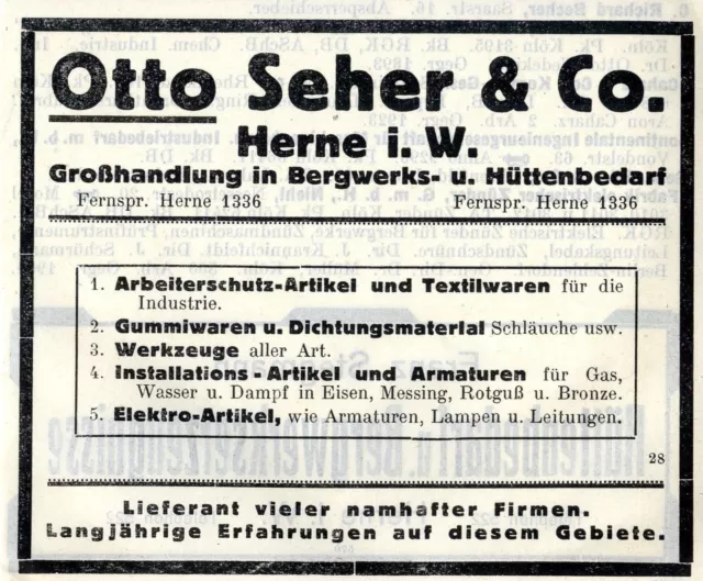 Otto Seher & Co. Herne i.W. Bergwerks- u. Hüttenbedarf Historische Reklame 1925