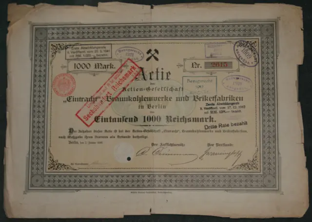 Actien-Gesellschaft "Eintracht"  Braunkohlenwerke und Briketfabriken 1896 1000 M