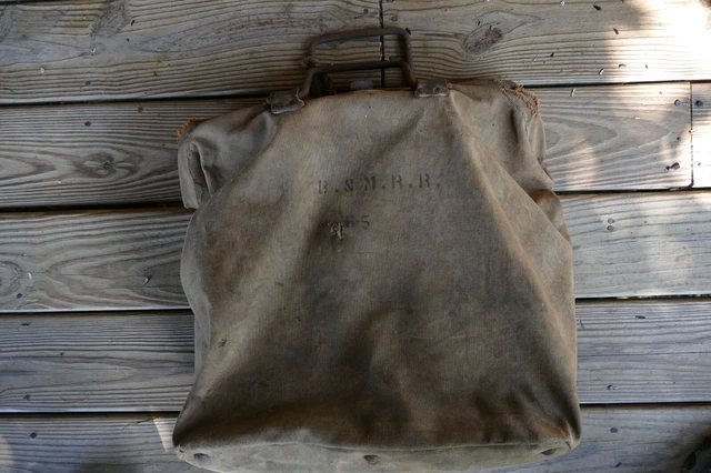 antique railroad mail bag canvas with square iron handle Boston & Maine