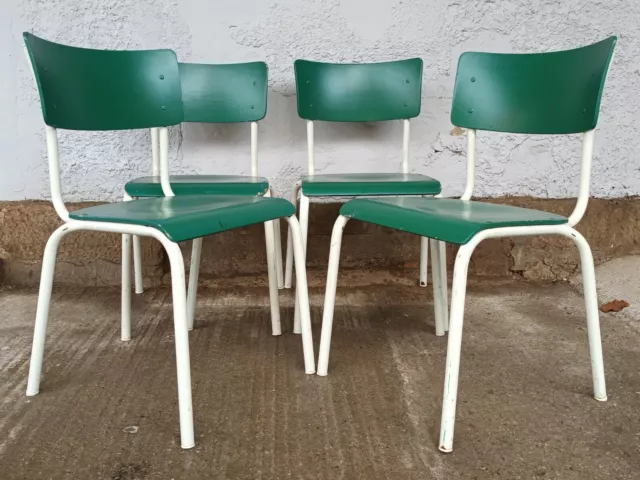 4x Steel Stacking Dining Room Chair Wood Green Vintage 60er Chairs