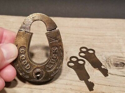 Antique Vintage Style Cast Brass Good Luck Padlock Lock & Key