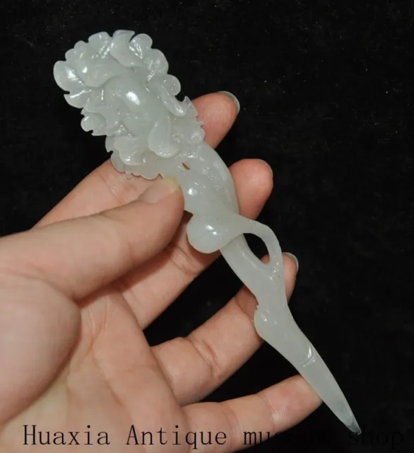 5.2"Collect exquisite Hetian jade hand-carved peony Hairpin Hair accessories