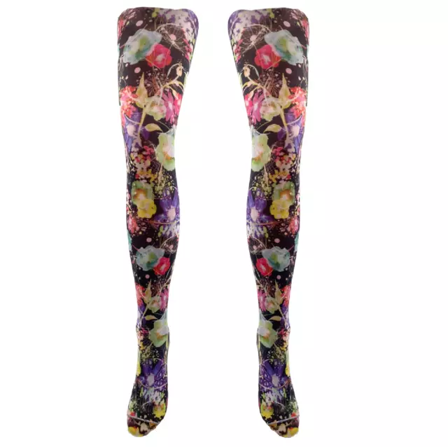 Ladies Tights Black Floral Printed Over The Knee Socks Vintage OTKS Pop Tight