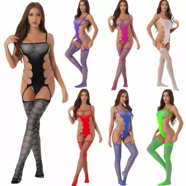 Women's Sexy Sheer Fishnet Bodysuit Stockings Mesh Hollow Out Babydoll Nightwear 3