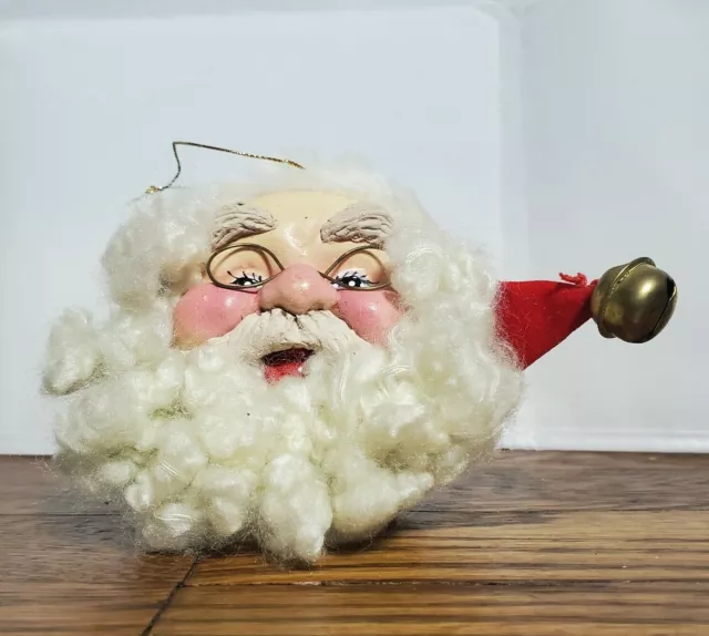 Adorable Vintage Santa Christmas Decor Ornament with Plush Beard and Brass Bell