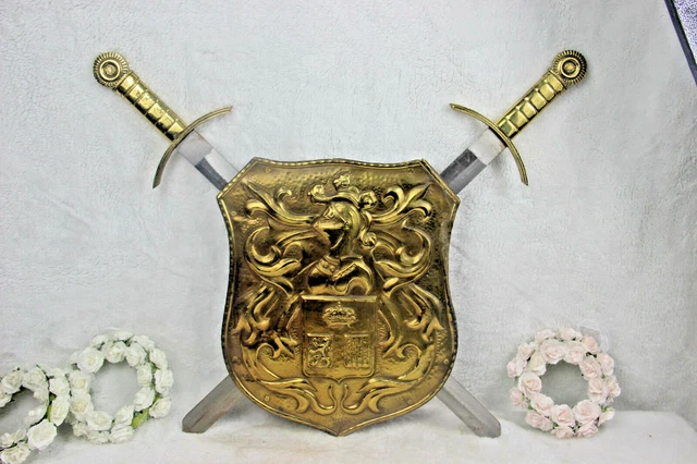 Gorgeous French copper embossed Wall shield armor Swords knight 1960