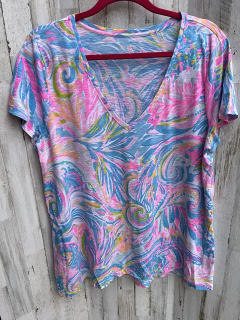 Lilly Pulitzer Etta V-Neck Top Short Sleeve Multi Carnivale Coral Size XL