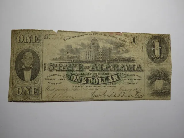 $1 1863 Montgomery Alabama AL Obsolete Currency Bank Note Bill State of Alabama