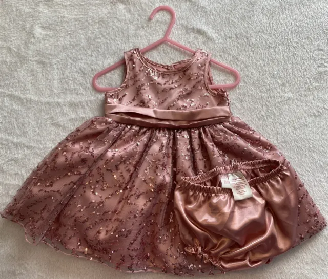 Girls Baby Beri Dusty Rose Sequin Princess Dress with Bloomer, Size 3 - 6 Months