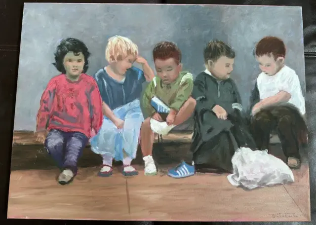 VTG Original Canvas Oil Painting - Signed -5 Kids/Children  18" x 24" Unframed