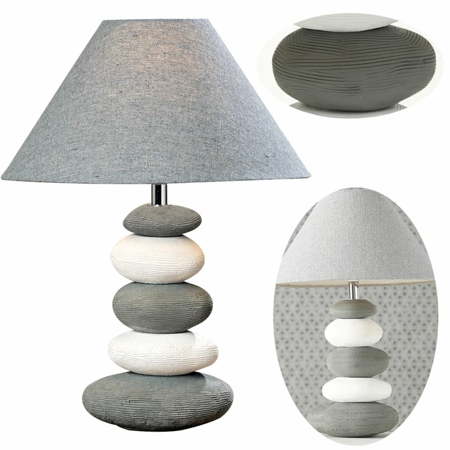 Design XL Tischleuchte Sylt Stone Grau Weiß 43cm E14 Maritime Schreibtischlampe