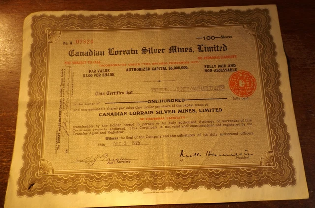 Canadian Lorrain Silver Mines Limited Share Certificate 25 Shares 1925