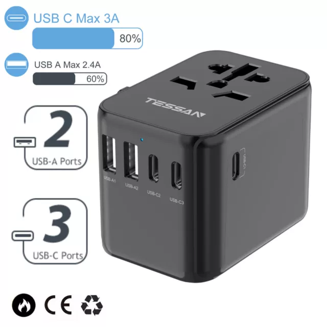 Reisestecker Adapter Weltweit für Deutschland USA UK CN mit 4-5 USB Anschlüsse