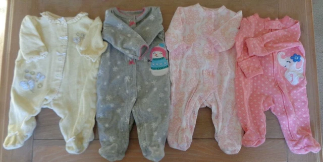 Lot 4 Baby Girl Newborn 0-3 Mos Sleepers Elephant, Snowman, Butterflies, Ruffles