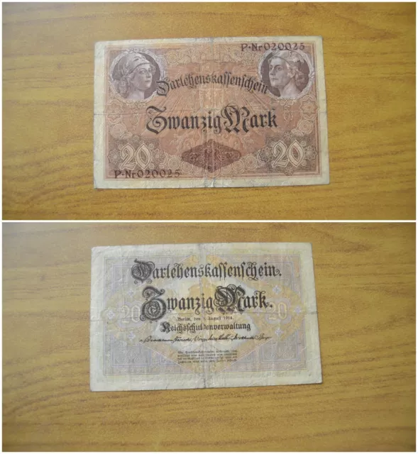 Banconota Germania Reichsbanknote Darlehenskaffenfchein 20 Mark 1914 Subalpina