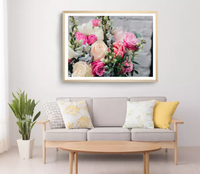 Rose Flower Print,Leaves Wall Art,Pink & Yellow Framed Nature Wall Art,Floral