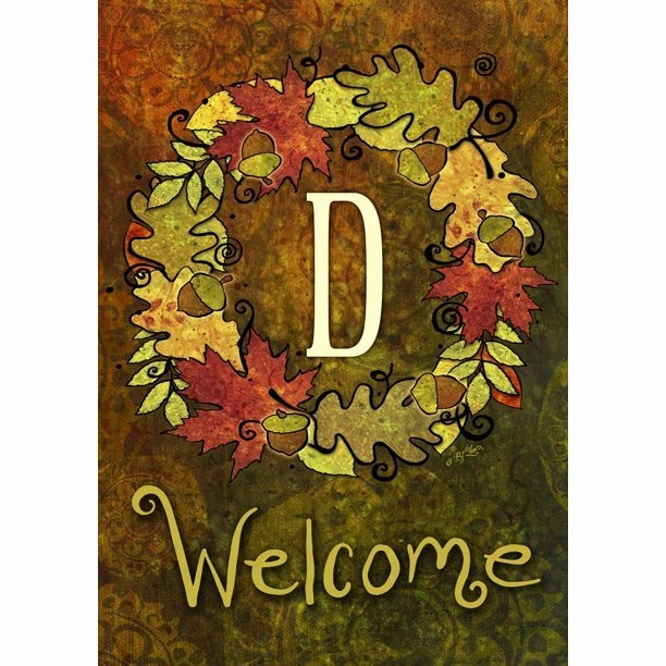 TOLAND HOME GARDEN Sleeved Garden Flag 12.5x18 FALL WREATH MONOGRAM D Leaves