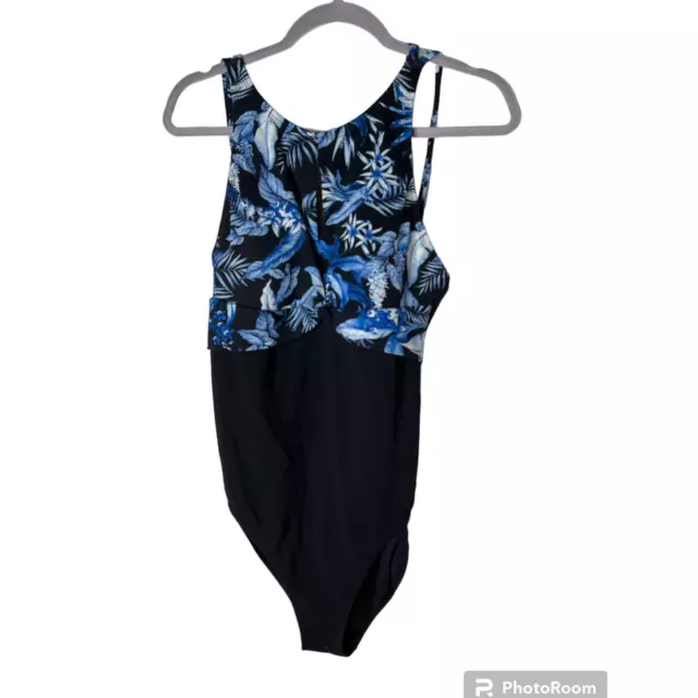 Tommy Bahama Swimsuit in Blue and White Floral Print Top Black Bottom Size 12