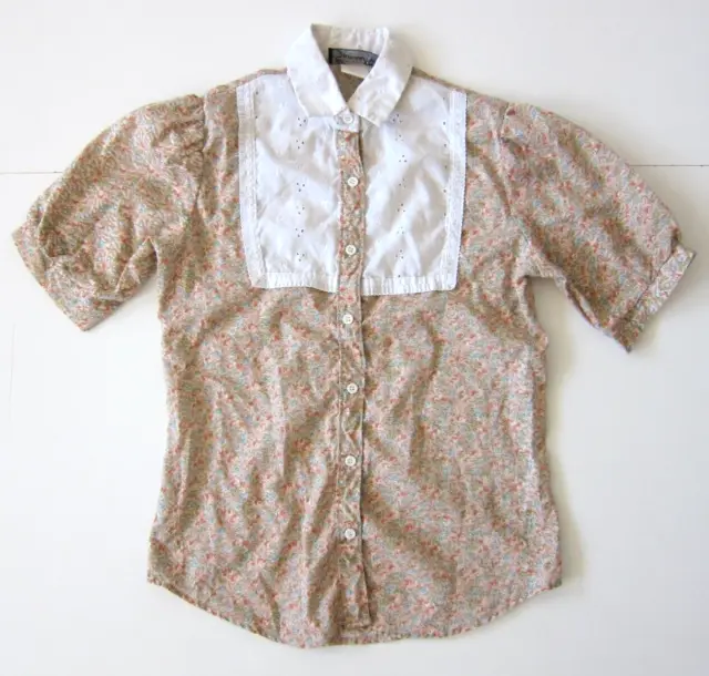 Samantha Brown Blue Pink Floral Button Down Short Sleeve Collared Blouse Small