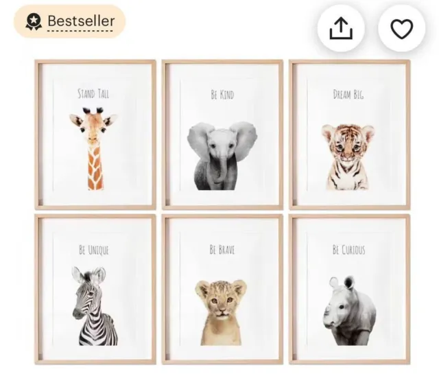 Safari Animal Nursery Prints-6 Total (FRAMES NOT INCLUDED) 11”x14”