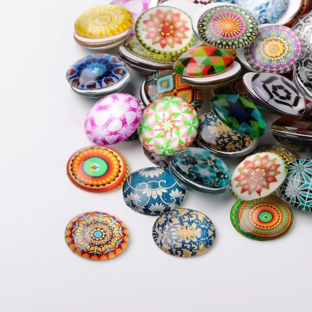 10pcs 14mm Glass Round Cabochons Flatback Mixed Domes Mandala Flowers Geometric